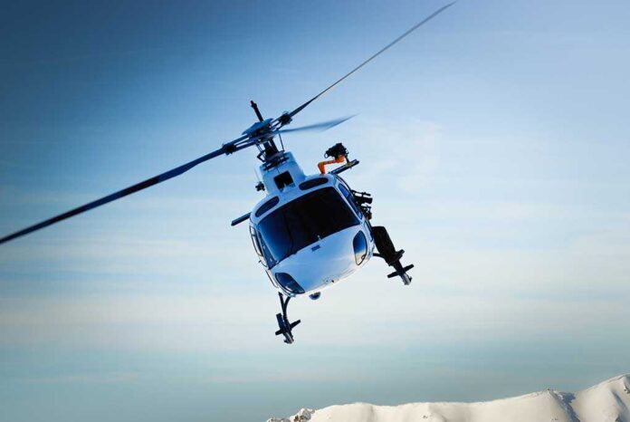 Front,View,Of,Helicopter,In,Flight.,Fly,Over,The,Snow