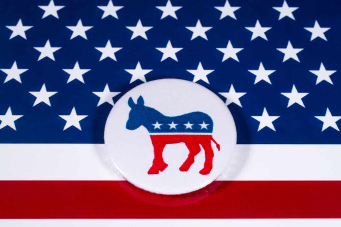 shutterstock_7864500311.jpg featured image Democratic Party donkey logo on American flag background.