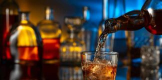 Pouring whiskey into a glass with ice