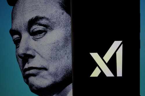 A close-up portrait of Elon Musk positioned next to the xAI logo