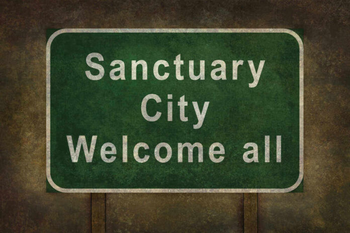 Green sign reading Sanctuary City Welcome all