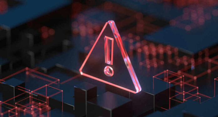 Red warning symbol on a dark digital background