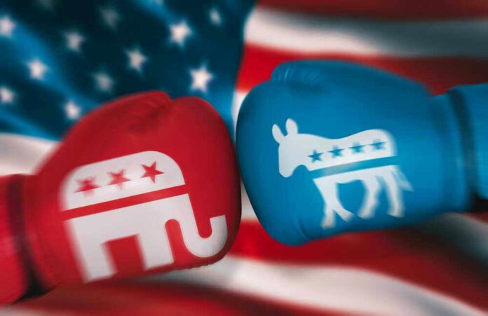 Red and blue boxing gloves with political party symbols