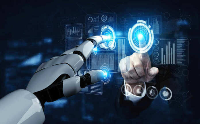 shutterstock_1663029574.jpg Human and robot interacting with virtual screen.
