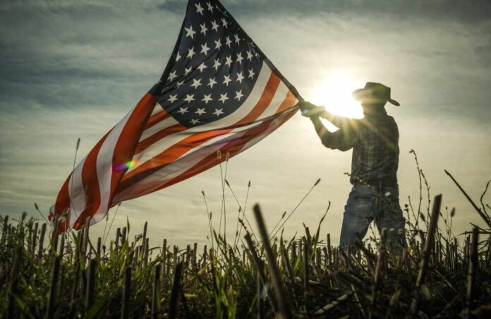 shutterstock_2220205181.jpg Person holding an American flag against a sunset backdrop