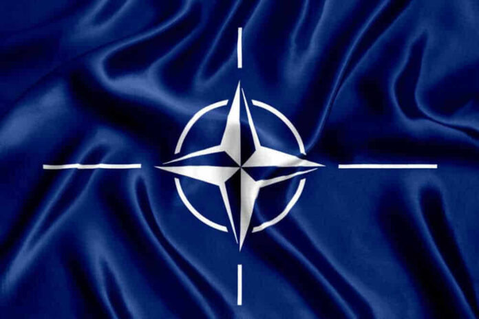 NATO flag with white compass emblem on blue background.
