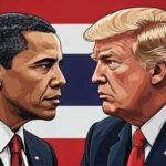 TRUMP Targets Obama’s Protected Terror Network Illustration of Barack Obama and Donald Trump facing each other