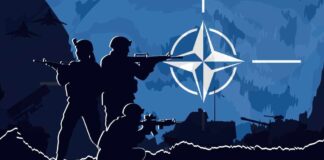 Silhouettes of soldiers with weapons against a blue background featuring the NATO emblem