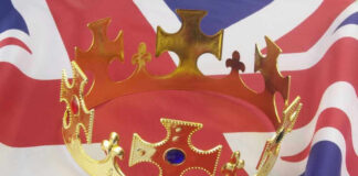 Gold crown on a Union Jack flag.
