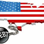 Map of the USA with an American flag design and a ball and chain labeled 'DEBT'