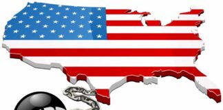 Map of the USA with an American flag design and a ball and chain labeled 'DEBT'