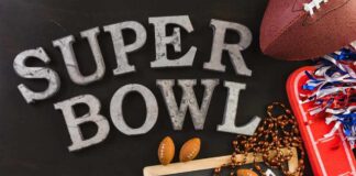 Decorative items for Super Bowl including letters, footballs, and a foam finger