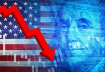 Graph showing a downward trend overlaid on an American flag and currency imagery