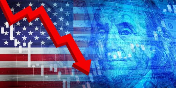 Graph showing a downward trend overlaid on an American flag and currency imagery