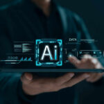 Person holding tablet with AI hologram display