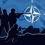 Silhouettes of soldiers with weapons against a blue background featuring the NATO emblem