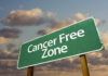A green road sign that reads 'Cancer Free Zone' against a cloudy sky