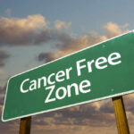 A green road sign that reads 'Cancer Free Zone' against a cloudy sky