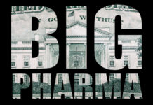 Text 'BIG PHARMA' overlaid on a background of U.S. currency