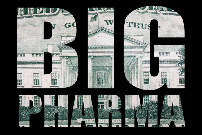 Text 'BIG PHARMA' overlaid on a background of U.S. currency