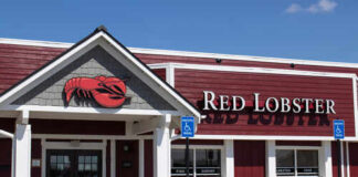 Exterior view of a Red Lobster restaurant with a lobster sign