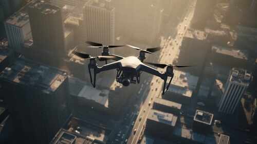 shutterstock_2317387247.jpg A drone flying over a cityscape during sunset