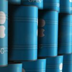 Stacked blue oil barrels with OPEC logo
