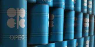 Stacked blue oil barrels with OPEC logo