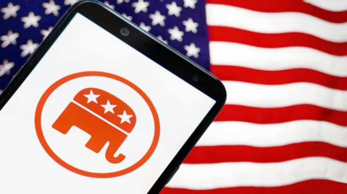 Smartphone with Republican Party logo, American flag background.