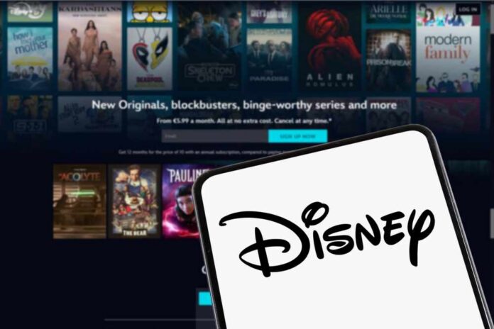Disney logo displayed on a mobile device with a streaming service interface in the background