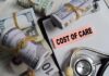 Bundles of cash next to a stethoscope and a note that says 'COST OF CARE'