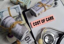 Bundles of cash next to a stethoscope and a note that says 'COST OF CARE'
