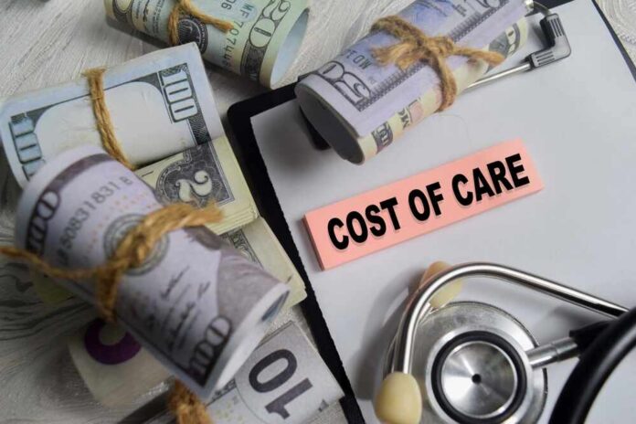 Bundles of cash next to a stethoscope and a note that says 'COST OF CARE'
