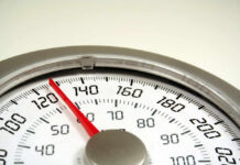 Close-up of an analog bathroom scale display.