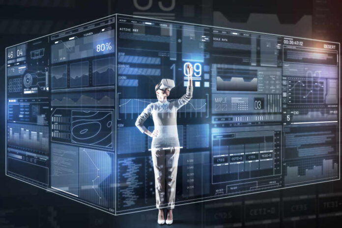 shutterstock_1041686026.jpg Person using a virtual reality headset interacting with a digital interface