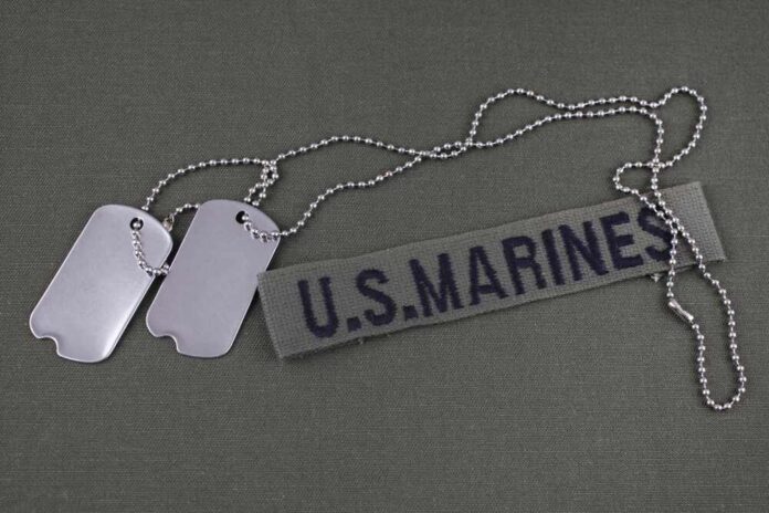 shutterstock_1143044018.jpg Military dog tags and a U.S. Marines name tape on a green background