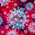 DEATH SHIP: Rare Virus Kills 3, Traps 149 Microscopic view of coronavirus on a red background.