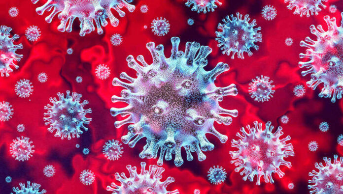shutterstock_1621031059-1.jpg Microscopic view of coronavirus on a red background.