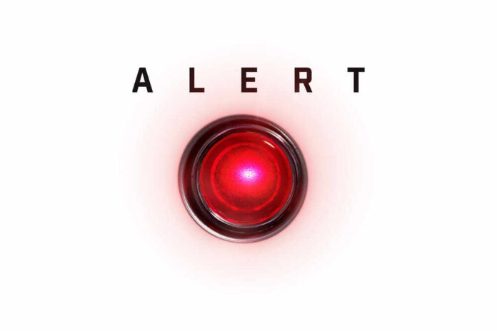 Alert,Lamp,Isolated,On,Pure,White,With,Red,Glow.,Red A red alert button with the word 'ALERT' above it