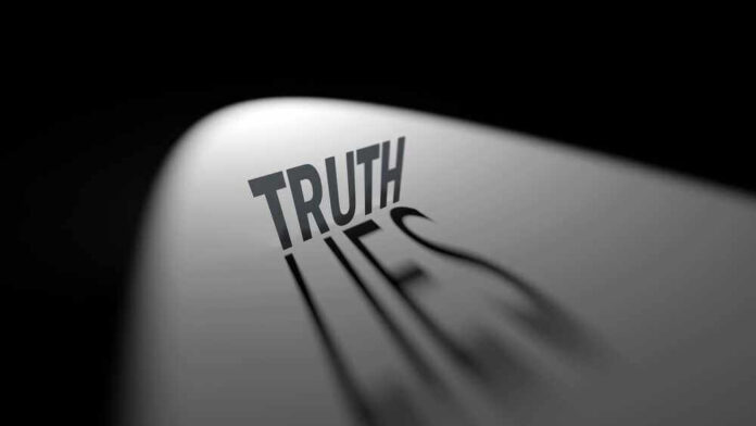 shutterstock_2063738717 Truth casting shadow spelling Lies on curved surface.