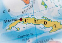 Close-up of a map highlighting Cuba and its capital Havana