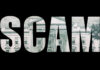 The word 'SCAM' formed by a background of a dollar bill