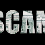 The word 'SCAM' formed by a background of a dollar bill