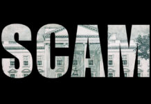 The word 'SCAM' formed by a background of a dollar bill