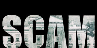 The word 'SCAM' formed by a background of a dollar bill