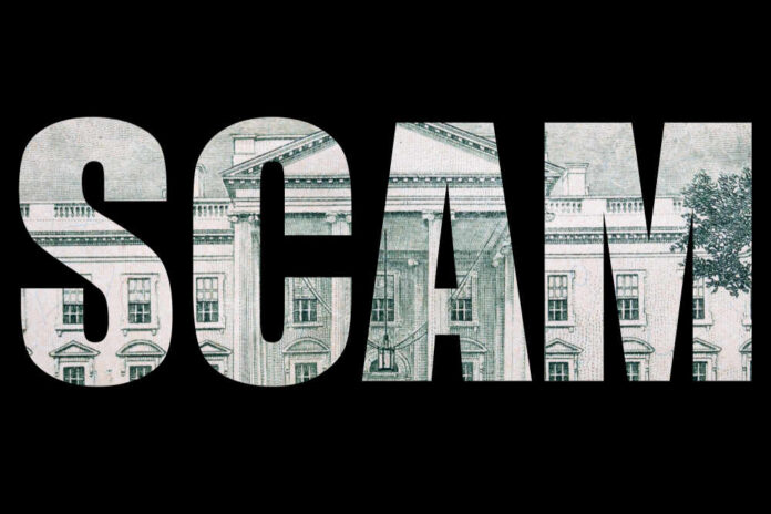 The word 'SCAM' formed by a background of a dollar bill