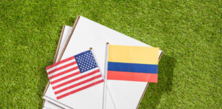 USA and Colombia flags on pizza boxes on grass