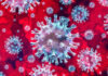Microscopic view of coronavirus on a red background.
