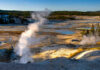 Bison Blitz At Yellowstone Geysers emitting steam in Yellowstone National Park landscape