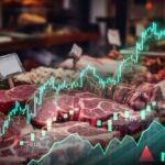 Sticker Shock Twist: It’s Not Just Beef Graph overlay on a meat market display showing stock trends